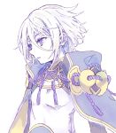  1boy bangs black_cape blue_eyes cape eyebrows_visible_through_hair fate/grand_order fate_(series) hair_between_eyes highres looking_away male_focus parted_lips prince_of_lan_ling_(fate) shirt simple_background solo tachitsu_teto upper_body white_background white_hair white_shirt 