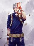  1boy arm_at_side bangs belt blue_eyes blurry boku_no_hero_academia bulge burn_scar cloud costume cowboy_shot debris depth_of_field fire gauntlets hair_between_eyes hand_in_hair heterochromia highres jumpsuit legs_apart long_bangs looking_ahead male_focus multicolored_hair red_hair salt_-_siomsb scar scar_on_face short_hair smile solo special_moves split-color_hair standing straight-on todoroki_shouto toned toned_male twitter_username two-tone_hair utility_belt white_hair 