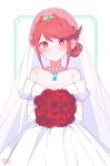  bangs bouquet breasts bridal_gauntlets bridal_veil bride chest_jewel dress flower frills highres holding holding_bouquet kotohatoko510 large_breasts pyra_(xenoblade) red_eyes red_hair short_hair swept_bangs veil wedding_dress white_dress xenoblade_chronicles_(series) xenoblade_chronicles_2 