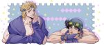  aviator_cap bare_shoulders battle_tendency black_hair blanket blonde_hair facial_mark fingerless_gloves gloves goggles goggles_on_headwear green_eyes jojo_no_kimyou_na_bouken joseph_joestar joseph_joestar_(young) large_pectorals leaning_forward male_focus peace_symbol pectorals spadelake 