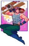  1boy aircraft airplane aviator_cap bare_shoulders battle_tendency biplane black_hair boots fingerless_gloves gloves hand_on_hip jojo_no_kimyou_na_bouken joseph_joestar joseph_joestar_(young) male_focus shirt solo spadelake striped striped_shirt 