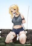  1girl arms_behind_back ball_gag bdsm blonde_hair blue_eyes blue_sky bondage bound breasts commission dated day eyebrows_visible_through_hair gag girls_und_panzer hair_intakes highres iuui kay_(girls_und_panzer) lactation large_breasts looking_at_viewer medium_hair navel outdoors restrained saliva second-party_source sex_toy short_shorts shorts skindentation sky smile solo sweat sweaty_clothes tears thighhighs torn_clothes torn_legwear vibrator vibrator_in_thighhighs white_legwear 