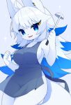  2022 5_fingers absurd_res accessory ahoge anthro apron apron_only bella_(devil-vox) big_breasts blue_eyes blue_hair blush blush_lines breasts canid canine claws clothing cute_fangs devil-vox ear_piercing female finger_claws fingers fox fur hair hair_accessory hairclip hi_res holding_object kemono kitchen_utensils ladle long_hair mammal mostly_nude multicolored_hair open_mouth piercing side_boob solo tongue tools white_body white_fur white_hair 