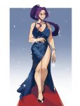  bangle bangs black_footwear blue_dress blush bracelet breasts cleavage collarbone commission dress english_commentary high_heels highres jewelry large_breasts looking_to_the_side original parted_bangs pearl_bracelet purple_eyes purple_hair red_carpet smile snowcie solo walking 