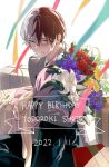  1boy acca_mha15 backlighting bangs banner blue_eyes blurry blurry_foreground boku_no_hero_academia bouquet bow box burn_scar character_name dated elbow_on_knee english_text foreground_text gift gift_box hair_between_eyes happy_birthday head_down heterochromia holding holding_bouquet long_bangs looking_at_viewer male_focus multicolored_hair red_hair ribbon scar scar_on_face school_uniform short_hair sitting smile solo split-color_hair streamers todoroki_shouto two-tone_hair u.a._school_uniform white_hair 