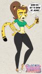  annoyed anthro beverage blu3danny bottomwear breasts cheetah cleavage clothed clothing coffee container crop_top cup english_text felid feline female front_view hi_res holding_cup holding_object jessica_cheetah looking_at_viewer mammal nickelodeon pants shirt simple_background solo standing t.u.f.f._puppy text textured_background toony topwear wide_hips 