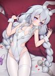  +_+ 1girl absurdres ahoge animal_ears ass_visible_through_thighs azur_lane bangs bare_shoulders bed_sheet blue_eyes blush braid breasts closed_mouth collarbone dildo egg_vibrator eyebrows_visible_through_hair fake_animal_ears hairband highleg highleg_leotard highres hitachi_magic_wand le_malin_(azur_lane) le_malin_(listless_lapin)_(azur_lane) leotard long_hair looking_at_viewer lying official_alternate_costume on_back on_bed petals pillow pillow_grab rabbit_ears revealing_clothes sex_toy silver_hair skindentation small_breasts solo sosai_salada thigh_gap thigh_strap thighhighs twin_braids very_long_hair vibrator white_hairband white_legwear white_leotard wrist_cuffs 