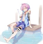  1boy blue_hair blush food highres hot multicolored_hair open_clothes open_shirt original pale_skin pink_hair popsicle shirt sleeveless sleeveless_shirt sweat tattoo uenomigi 