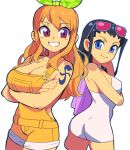  2girls arm_tattoo ass bangs black_hair blue_eyes breasts choker cleavage crossed_arms dress eyewear_on_head green_ribbon hair_behind_ear hair_ribbon large_breasts multiple_girls nami_(one_piece) nico_robin one_piece orange_hair orange_overalls overall_shorts overalls purple_eyes ribbon slammo smile sunglasses tattoo white_choker white_dress 