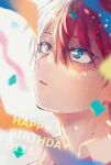  1boy adam&#039;s_apple awestruck bangs blue_eyes boku_no_hero_academia burn_scar close-up collared_shirt confetti dated english_text hair_between_eyes happy_birthday heterochromia long_bangs looking_up male_focus meeeeetbbn multicolored_hair parted_lips red_hair scar scar_on_face shirt short_hair smile solo sparkling_eyes split-color_hair streamers todoroki_shouto two-tone_hair white_hair 