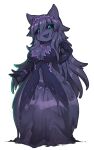  1girl :3 :d aqua_eyes bangs black_sclera black_souls breasts cleavage colored_sclera colored_skin elbow_gloves full_body gloves hair_between_eyes hand_up large_breasts long_hair monster_girl navel no_nose nyong_nyong open_mouth purple_gloves purple_hair purple_skin sho_(black_souls) simple_background slime_(substance) slime_girl smile solo very_long_hair white_background 