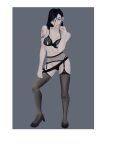  1girl absurdres benjis_cursed_universe black_hair black_underwear bra demon_girl finger_to_mouth full_body high_heels highres lilith_(benjis_cursed_universe) lingerie long_hair original pale_skin red_lips self_upload simple_background skinny tattoo underwear underwear_only 