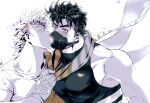  2boys bare_shoulders battle_tendency blush caesar_anthonio_zeppeli facial_mark fingerless_gloves gloves headband highres imminent_kiss jojo_no_kimyou_na_bouken joseph_joestar joseph_joestar_(young) large_pectorals male_focus manly mask midriff monochrome multiple_boys pectorals scarf sleeveless sleeveless_turtleneck striped striped_scarf triangle_print turtleneck xing_xiao 