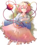  absurdres blouse blue_blouse buttons eyeball frilled_shirt_collar frills highres komeiji_satori long_skirt long_sleeves lying necono_(nyu6poko) pink_hair pink_skirt red_eyes ribbon-trimmed_collar ribbon_trim short_hair skirt sleeping third_eye touhou wide_sleeves 