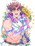  1boy bara battle_tendency birthday blue_eyes brown_hair crop_top dated fingerless_gloves flower gloves highres jojo_no_kimyou_na_bouken joseph_joestar joseph_joestar_(young) lace_collar large_pectorals male_focus midriff muscular muscular_male pectorals red_stone_of_aja scarf shirt solo white_shirt xing_xiao 