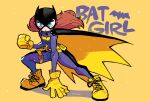  1girl absurdres barbara_gordon batgirl batman_(series) belt blue_eyes bodysuit boots breasts cape character_name clenched_hand closed_mouth dc_comics frown full_body gloves hand_on_floor highres long_hair looking_at_viewer mask rariatto_(ganguri) red_hair solo superhero twitter_username yellow_background yellow_footwear 
