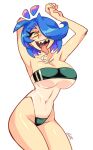  1girl absurdres armpits arms_up bangs blue_hair breasts cowboy_shot gerph gris_swimsuit hair_over_one_eye highres large_breasts long_tongue meme_attire navel one-piece_swimsuit original saliva see-through_swimsuit sharp_teeth signature skarpne_(gerph) solo swept_bangs swimsuit teeth tongue tongue_out underboob 