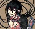  1boy bangs black_eyes black_hair brown_background chest_tattoo eyebrows_behind_hair fate/grand_order fate_(series) floating_hair flower_tattoo gauntlets hair_between_eyes hand_up highres long_hair looking_at_viewer male_focus parted_lips shrug_(clothing) simple_background smile solo tachitsu_teto tattoo upper_body very_long_hair yan_qing_(fate) 