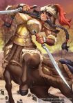  1girl armor bangs bare_tree black_hair blurry blurry_background braid breasts centaur chinese_commentary cleavage covered_navel covered_nipples dual_wielding english_commentary engrish_commentary eyebrows_visible_through_hair gauntlets grin hair_between_eyes helmet holding holding_sword holding_weapon horse_tail large_breasts leotard long_hair looking_at_viewer mixed-language_commentary monster_girl multiple_legs niur original outdoors patreon_username rearing red_eyes sharp_teeth sidelocks smile solo standing strapless strapless_leotard sunset sword tail taur teeth tree twin_braids twitter_username weapon web_address yellow_leotard 