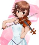  1girl ahoge bangs bare_shoulders blush bob_cut bow_(music) breasts brown_eyes brown_hair choker closed_mouth collarbone commentary dress floating_hair flower hair_flower hair_ornament hair_strand hairclip head_tilt highres holding holding_instrument instrument looking_at_viewer misaka_mikoto music pink_background playing_instrument purple_choker short_hair sleeveless sleeveless_dress small_breasts smile solo toaru_kagaku_no_railgun toaru_majutsu_no_index upper_body violin white_background white_dress white_flower yonabe 