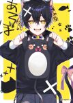  1boy absurdres animal_ears bell black_hair cat cat_boy cat_ears collar hair_ornament hairclip highres hood hoodie male_focus mochita_sei neck_bell original pale_skin paw_print talisman yellow_background yellow_eyes 