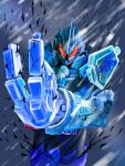  1boy blizzard blue_armor build_driver come_at_me_bro come_hither donguri_kaijin driver glowing glowing_eyes grease_blizzard highres kamen_rider kamen_rider_build_(series) kamen_rider_grease looking_at_viewer male_focus mechanical_hands red_eyes single_mechanical_hand snow snowflakes snowing tokusatsu translucent winter 