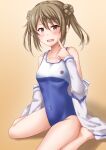  1girl anti_(untea9) bare_legs barefoot blue_swimsuit blush brown_eyes collarbone double_bun eyebrows_visible_through_hair hair_between_eyes highres kantai_collection light_brown_hair long_hair long_sleeves michishio_(kancolle) one-piece_swimsuit open_mouth short_twintails sitting solo swimsuit twintails wariza 