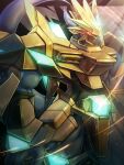  armor commentary_request cowboy_shot digimon digimon_(creature) from_side full_armor glowing gold_armor helmet looking_at_viewer magnamon_x no_humans pikkar red_eyes shoulder_armor solo standing 