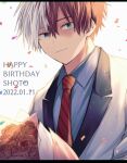  bangs blue_eyes boku_no_hero_academia bouquet burn_scar character_name collared_shirt confetti dated english_text hair_between_eyes happy_birthday heterochromia highres light_smile long_bangs looking_at_viewer male_focus multicolored_hair necktie red_hair rio_18 scar scar_on_face shirt short_hair smile split-color_hair suit_jacket todoroki_shouto two-tone_hair white_background white_hair 