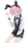  1boy alcohol animal_ears blue_eyes blush heterochromia highres looking_to_the_side male_focus male_playboy_bunny original pale_skin pink_hair playboy_bunny rabbit_ears red_eyes uenomigi wine 