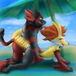  1:1 anthro anthro_on_anthro anthro_penetrated anthro_penetrating anthro_penetrating_anthro balls beach beach_umbrella blubluumon breasts butt claws delphox doggystyle duo fangs female female_penetrated from_behind_position genitals grabbing_from_behind hi_res incineroar looking_back male male/female male_penetrating male_penetrating_female nintendo nipples paws penetration penis pok&eacute;mon pok&eacute;mon_(species) sea seaside sex smile tongue tongue_out towel umbrella video_games water 