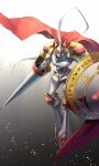  armor belt cape commentary_request digimoji digimon digimon_(creature) digital_hazard dukemon floating_cape gradient gradient_background hawe_king helmet highres holding holding_shield lance looking_at_viewer multiple_belts no_humans polearm red_belt red_cape shield shoulder_armor solo weapon 