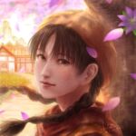  1girl bangs bird braid brown_eyes brown_hair eagle flower grass hat highres house kohji ling_shen_hua lips looking_at_viewer mountainous_horizon nature outdoors painting_(medium) petals portrait purple_flower purple_sky rural scenery sega shenmue shenmue_ii signature solo spring_(season) traditional_media tree twin_braids village yellow_headwear 