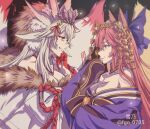  2girls animal_ear_fluff animal_ears artist_name bangs bare_shoulders beast_iv:l bell blue_bow blue_kimono blue_ribbon bow breasts choker cleavage collarbone commentary_request crown extra_ears eyebrows_visible_through_hair fate/extra fate/grand_order fate_(series) fox_ears fox_girl fox_tail fur_trim grin hair_between_eyes hair_bow hair_ornament hair_ribbon hairband highres japanese_clothes jewelry kimono kitsune koyanskaya_(fate) large_breasts long_hair looking_at_another multiple_girls nervous obi off-shoulder_kimono pink_hair red_nails ribbon sash sidelocks smile stardust_(star) sweatdrop tail talisman tamamo_(fate) tamamo_no_mae_(fate/extra) teeth twitter_username upper_body very_long_hair white_kimono wide_sleeves yellow_eyes 