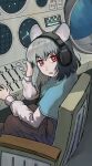  1girl animal_ear_fluff animal_ears bangs blue_capelet capelet commentary computer dress eyebrows_visible_through_hair feet_out_of_frame grey_dress grey_hair harapan-kun headphones highres long_sleeves looking_at_viewer looking_to_the_side mouse_ears mouse_girl nazrin open_mouth radar red_eyes shirt short_hair solo submarine_interior touhou white_shirt 