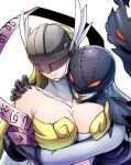  2girls angel_and_devil angewomon bare_shoulders blonde_hair blush breasts cleavage closed_mouth colored_skin commentary_request covered_eyes digimoji digimon digimon_(creature) fang grey_skin hagoromo hand_on_another&#039;s_shoulder hawe_king helmet ladydevimon large_breasts long_hair mask multiple_girls red_eyes shawl simple_background stitches tongue tongue_out upper_body white_background white_hair winged_helmet yuri 