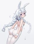  +_+ 1girl absurdres animal_ears ass ass_support azur_lane back bare_shoulders blue_eyes blush braid breasts closed_mouth eyebrows_visible_through_hair fake_animal_ears fake_tail from_behind hairband highres le_malin_(azur_lane) le_malin_(listless_lapin)_(azur_lane) leotard long_hair looking_at_viewer looking_back nose_blush official_alternate_costume pantyhose playboy_bunny rabbit_ears rabbit_tail sideboob silver_hair simple_background small_breasts solo sosai_salada standing tail thigh_strap twin_braids v-shaped_eyebrows very_long_hair water_drop white_background white_hairband white_legwear white_leotard wrist_cuffs 