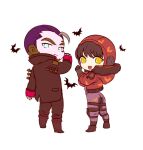  1boy 1girl animal_print apex_legends bangs bat_print black_gloves black_jacket black_legwear blue_eyes bodysuit chibi crypto_(apex_legends) deadly_byte_crypto eyebrows_visible_through_hair gloves hanagata_kyousuke jacket looking_at_viewer looking_back orange_jacket purple_bodysuit purple_hair v-shaped_eyebrows vampire wattson_(apex_legends) white_background winged_menace_wattson 