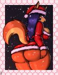  absurd_res anthro big_breasts big_butt blue_hair breasts butt canid canine carmelita_fox christmas christmas_clothing christmas_headwear clothed clothing female fox fur hair hat headgear headwear hi_res holidays mammal multicolored_body multicolored_fur no_underwear santa_hat sly_cooper_(series) snow snowing solo sony_corporation sony_interactive_entertainment sucker_punch_productions two_tone_body two_tone_fur video_games zombieray10 