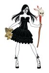  1girl benjis_cursed_universe black_dress black_hair demon_girl doll dress full_body gothic high_heels highres lilith_(benjis_cursed_universe) long_hair mask original pale_skin self_upload simple_background staff stuffed_animal stuffed_toy tattoo voodoo voodoo_doll 