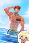  1boy 1girl abs apex_legends bangs blue_eyes blush brown_hair chain chest_tattoo collarbone cornrows crypto_(apex_legends) eyewear_on_head gold_chain grey_shorts hanagata_kyousuke highres hood hoodie hype_beast_crypto looking_at_viewer male_focus male_swimwear mole mole_under_eye ocean orange_hoodie partially_submerged pectorals short_hair shorts smile solo_focus sunglasses swim_trunks tattoo tied_hair topless_male wattson_(apex_legends) 