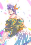  1boy bare_shoulders battle_tendency blue_eyes cheerleader confetti crossdressing from_behind green_eyes green_jacket hairbow headband highres jacket jojo_no_kimyou_na_bouken joseph_joestar joseph_joestar_(young) male_focus off_shoulder orange_headband petals pleaded_skirt pom_pom_(cheerleading) purple_hair solo wristband xing_xiao 