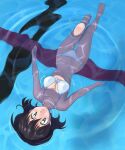  1girl afloat barefoot bikini black_hair breasts cleavage commentary_request front-tie_top green_eyes large_breasts masuki navel original pool ripples short_hair solo swimming swimsuit upside-down water white_bikini 