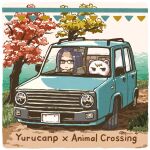  1girl animal_crossing black-framed_eyewear car character_request copyright_name day enola_(ebanataw) eyebrows_visible_through_hair glasses ground_vehicle kagamihara_sakura long_hair motor_vehicle outdoors purple_eyes purple_hair rectangular_eyewear typo yurucamp 