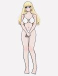  1girl absurdres benjis_cursed_universe bikini blonde_hair blue_eyes bra breasts colored_skin embarrassed full_body highres lingerie long_hair original panties portrait sarah_(benjis_cursed_universe) simple_background smile swimsuit underwear underwear_only white_bikini white_panties white_skin 