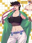  1boy 1girl battle_tendency black_hair blonde_hair breasts caesar_anthonio_zeppeli caesar_anthonio_zeppeli_(cosplay) coat cosplay crop_top facial_mark fingerless_gloves genderswap genderswap_(mtf) gloves green_coat green_eyes green_jacket highres jacket jojo_no_kimyou_na_bouken joseph_joestar joseph_joestar_(young) lipstick long_coat makeup midriff one_eye_closed open_clothes open_jacket shaded_face short_hair spadelake spiked_hair triangle_print turn_pale underboob 