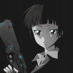  1girl bangs black_background blunt_bangs closed_mouth dominator_(gun) english_commentary glowing glowing_weapon greyscale gun handgun highres holding holding_gun holding_weapon jitome kukie-nyan looking_at_viewer monochrome nose_shade pistol psycho-pass serious shirt short_hair simple_background solo spot_color trigger_discipline tsunemori_akane tsurime upper_body weapon wing_collar 