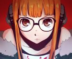  1girl :3 bangs behind-the-head_headphones black_camisole blunt_bangs camisole close-up closed_mouth collarbone fur-trimmed_jacket fur_trim glasses green_jacket headphones highres jacket kukie-nyan looking_at_viewer orange_hair persona persona_5 red_eyes sakura_futaba solo straight_hair 