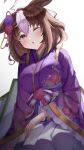  1girl ahoge akatsuki_(pixiv23539542) alternate_costume animal_ears breasts commentary_request hair_ornament headband horse_ears horse_girl japanese_clothes kimono large_breasts looking_at_viewer medium_hair meisho_doto_(umamusume) one_eye_closed purple_eyes simple_background tears umamusume white_background yukata 