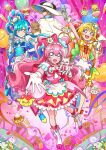  1boy 3girls :d absurdres ankle_bow apron arm_up back_bow balloon blonde_hair blue_bow blue_eyes blue_gloves blue_hair boots bow brooch bun_cover champagne_bottle character_request choker closed_mouth confetti cure_precious cure_spicy cure_yum-yum curry curry_rice delicious_party_precure double_bun drill_hair drink egg_(food) flower food food_request fork full_body fuwa_kokone gloves grey_hair hair_bow hair_cones hair_flower hair_ornament hair_rings hanamichi_ran hand_on_hip hat heart highres holding holding_wand huge_bow jewelry kamaboko knee_boots kneehighs kome-kome_(precure) legs_apart long_hair looking_at_viewer macaron magical_girl mask men-men_(precure) multicolored_clothes multicolored_hair multicolored_skirt multiple_girls nabe nagomi_yui narutomaki noodles official_art omurice open_mouth outstretched_hand pamu-pamu_(precure) pink_bow pink_choker pink_hair precure pudding purple_bow purple_eyes ramen red_eyes red_legwear ribbon rice salad shiny shiny_hair skirt smile sparkle spoon standing striped tabi table tomato tray twin_drills two-tone_hair two_side_up vertical_stripes wand white_apron white_footwear white_gloves white_headwear yufu_kyouko 